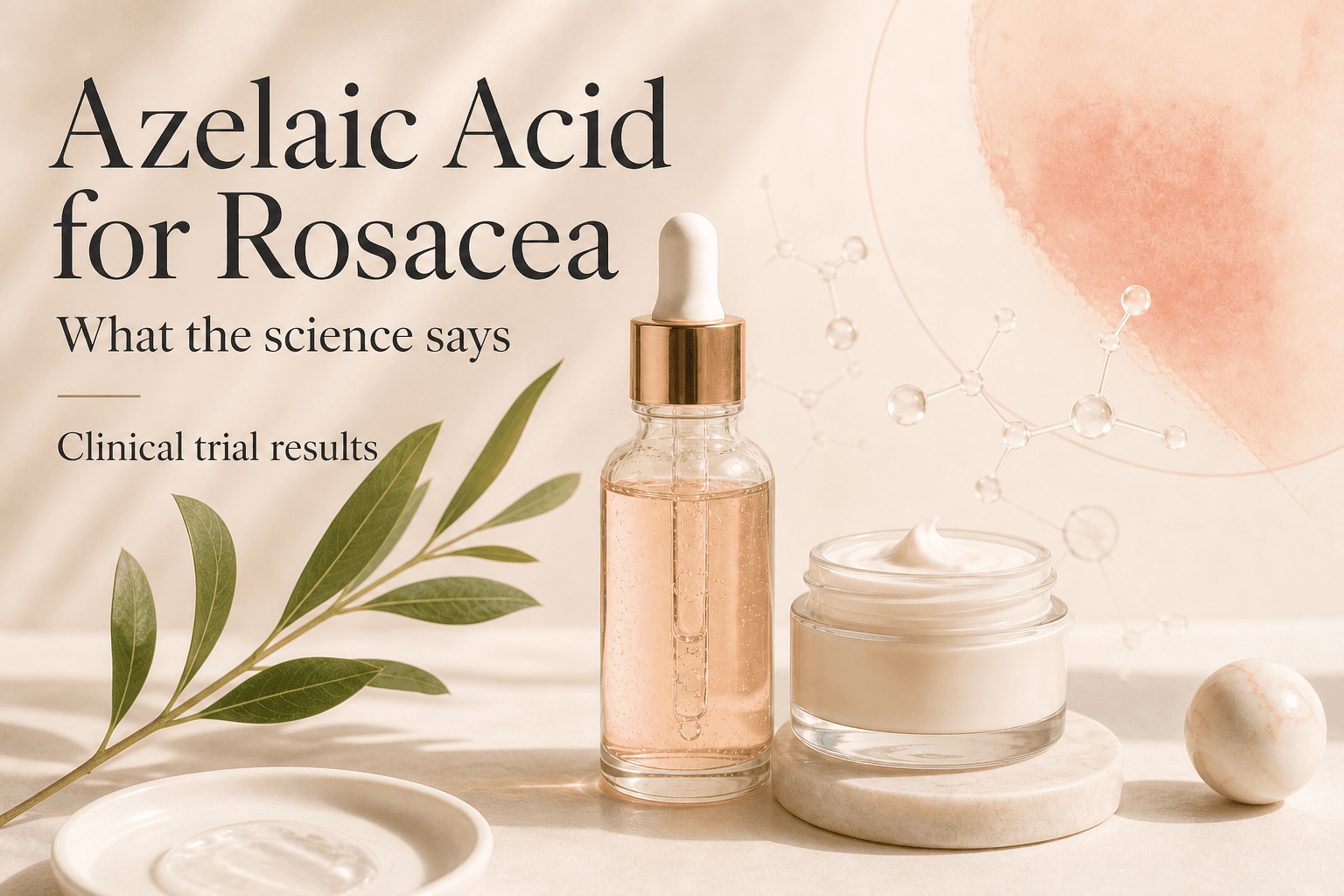 Soft editorial still life of a gentle serum dropper and cream jar suggesting topical azelaic acid care for rosacea-prone skin