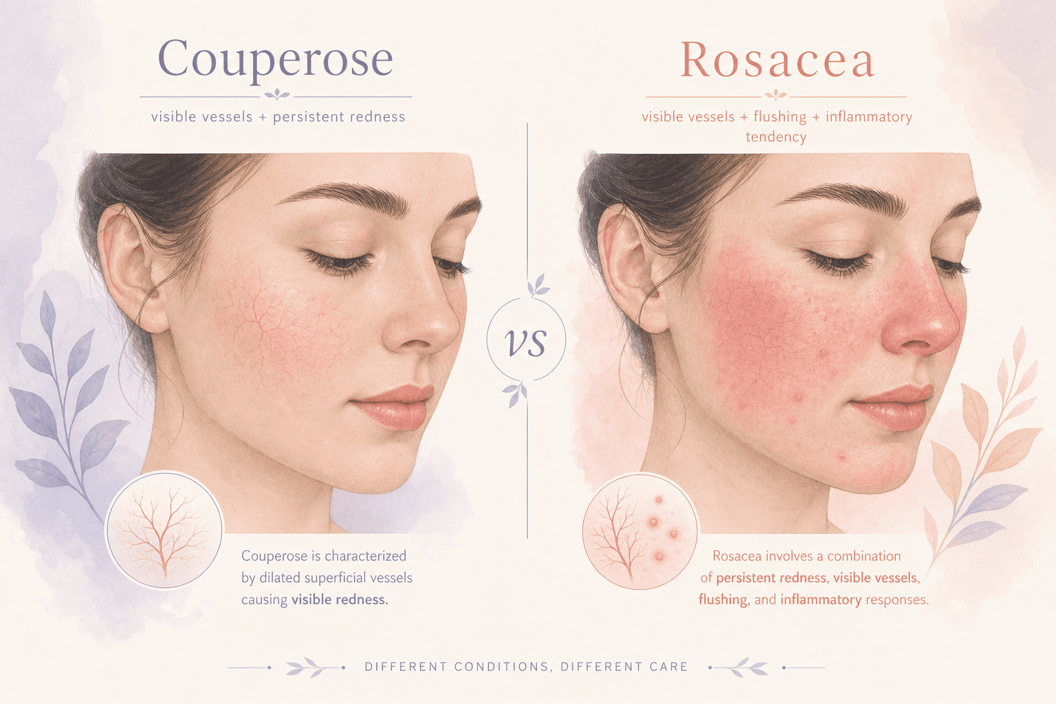 Editorial side-by-side comparison of couperose-like facial redness with fine visible vessels versus rosacea with flushing, lasting color, and broader inflammatory features