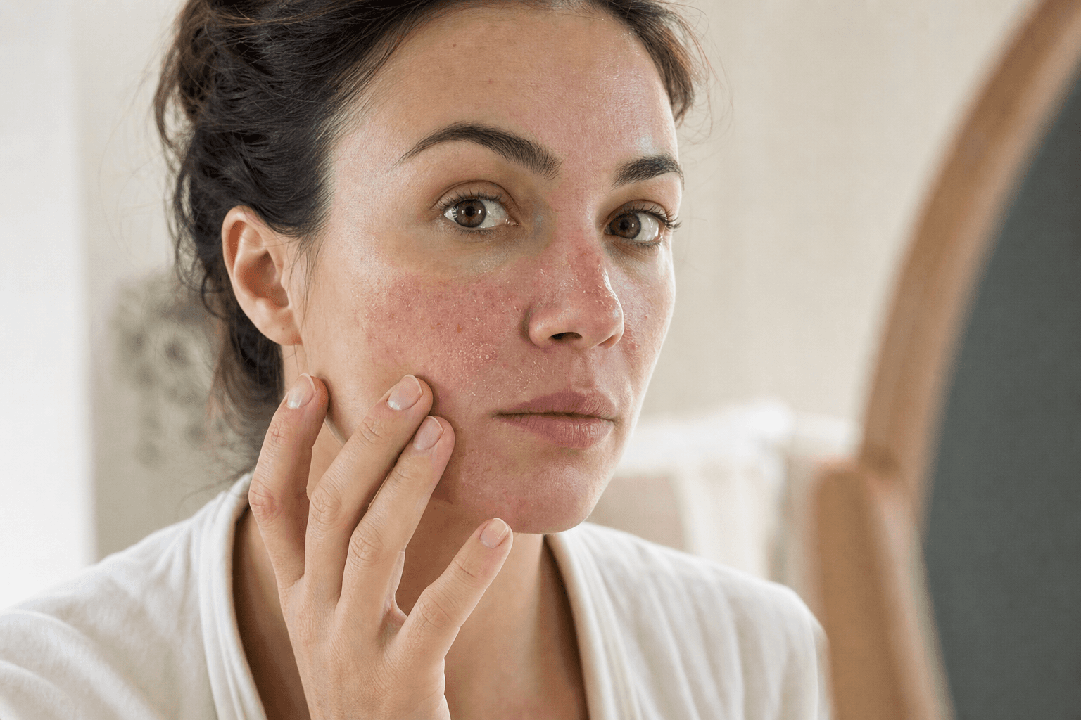 Woman examining her cheek in the mirror with signs of demodicosis: clusters of small red papules and fine flaky scaling