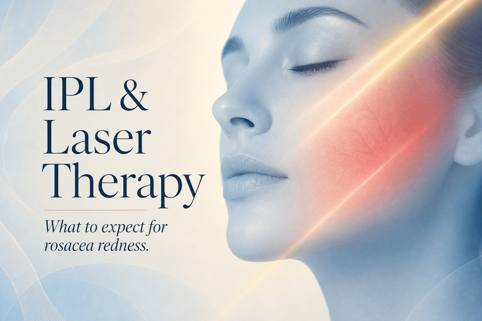Soft editorial illustration of gentle yellow and red light beams suggesting IPL and laser care for facial redness in rosacea