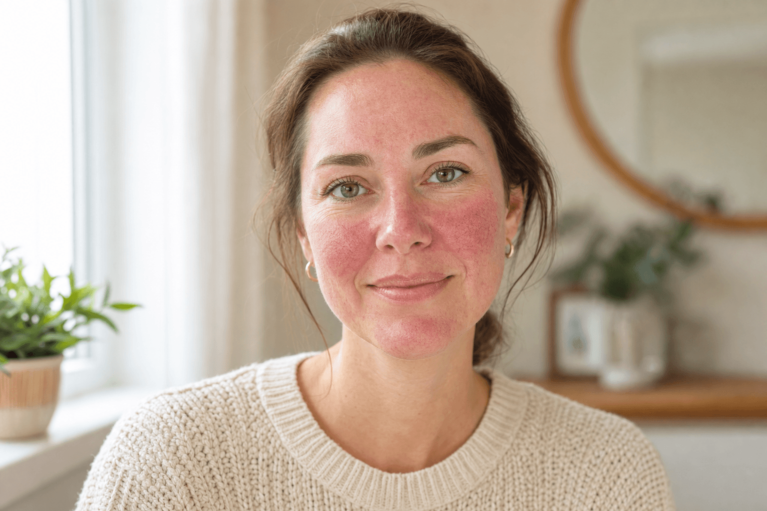 Woman at home with erythematotelangiectatic rosacea: flushing, persistent redness, and visible blood vessels across the cheeks and nose