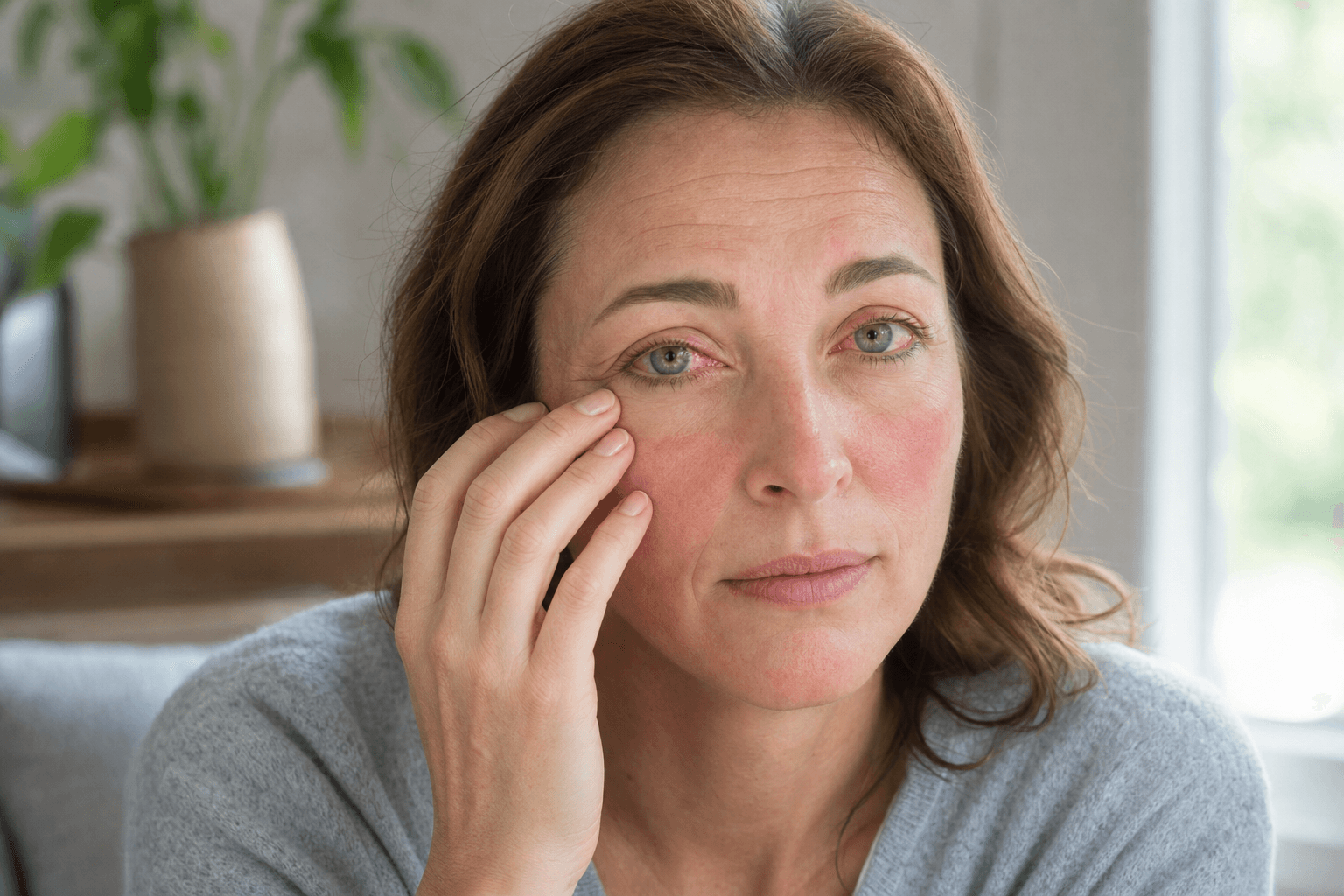 Woman with ocular rosacea gently touching near her irritated eye: redness, watery eyes, and inflamed eyelid margins