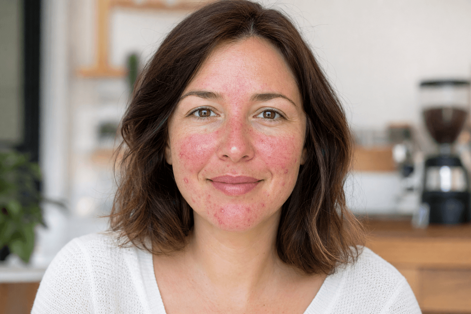 Woman in everyday life with papulopustular rosacea: facial redness with small inflamed bumps and pustules on the cheeks and chin