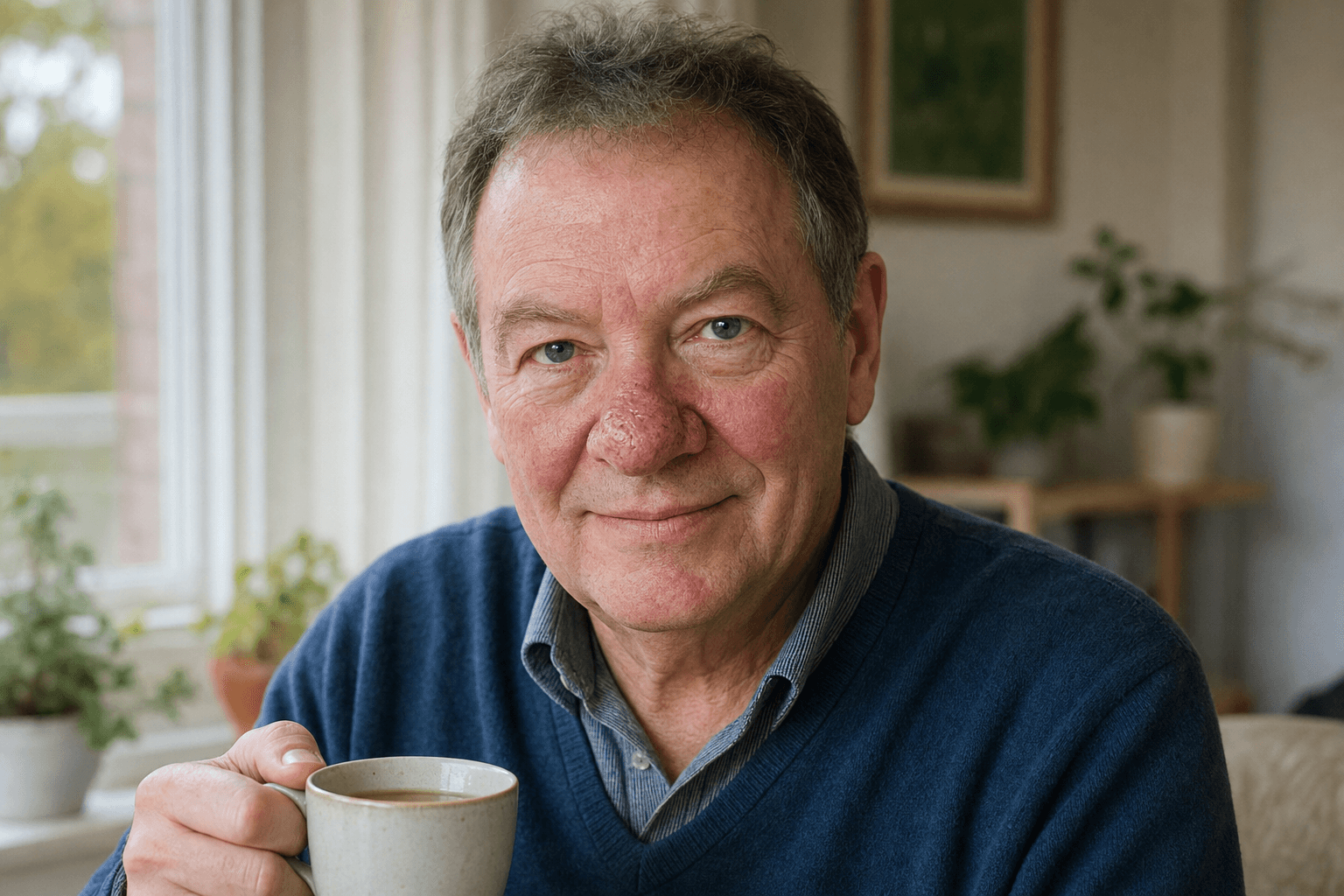 Older man at home with phymatous rosacea (early rhinophyma): a thickened, enlarged nose with uneven skin texture