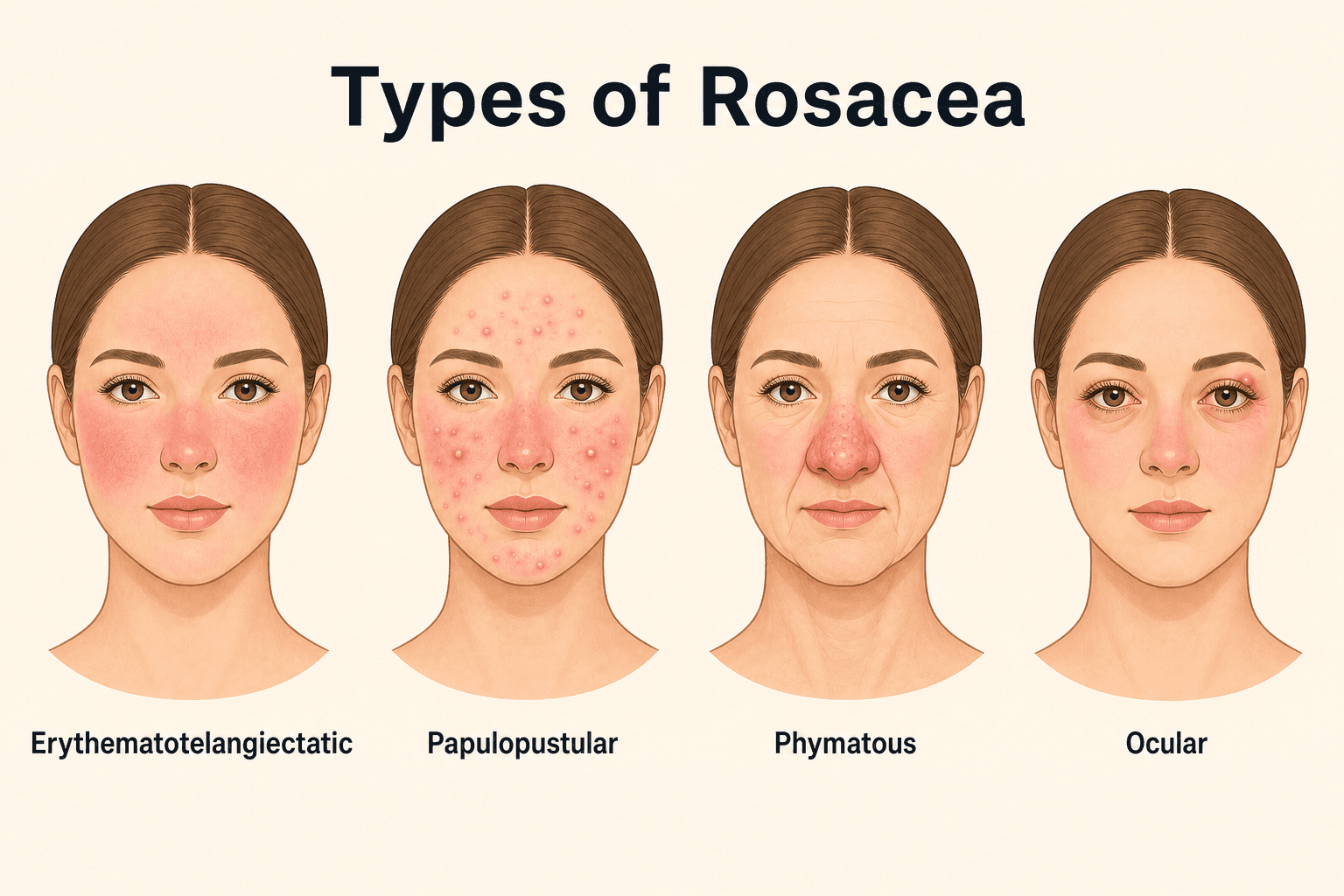 Illustration of the four types of rosacea on a woman's face: erythematotelangiectatic with facial redness, papulopustular with inflamed bumps, phymatous with a thickened nose, and ocular with irritated eyes