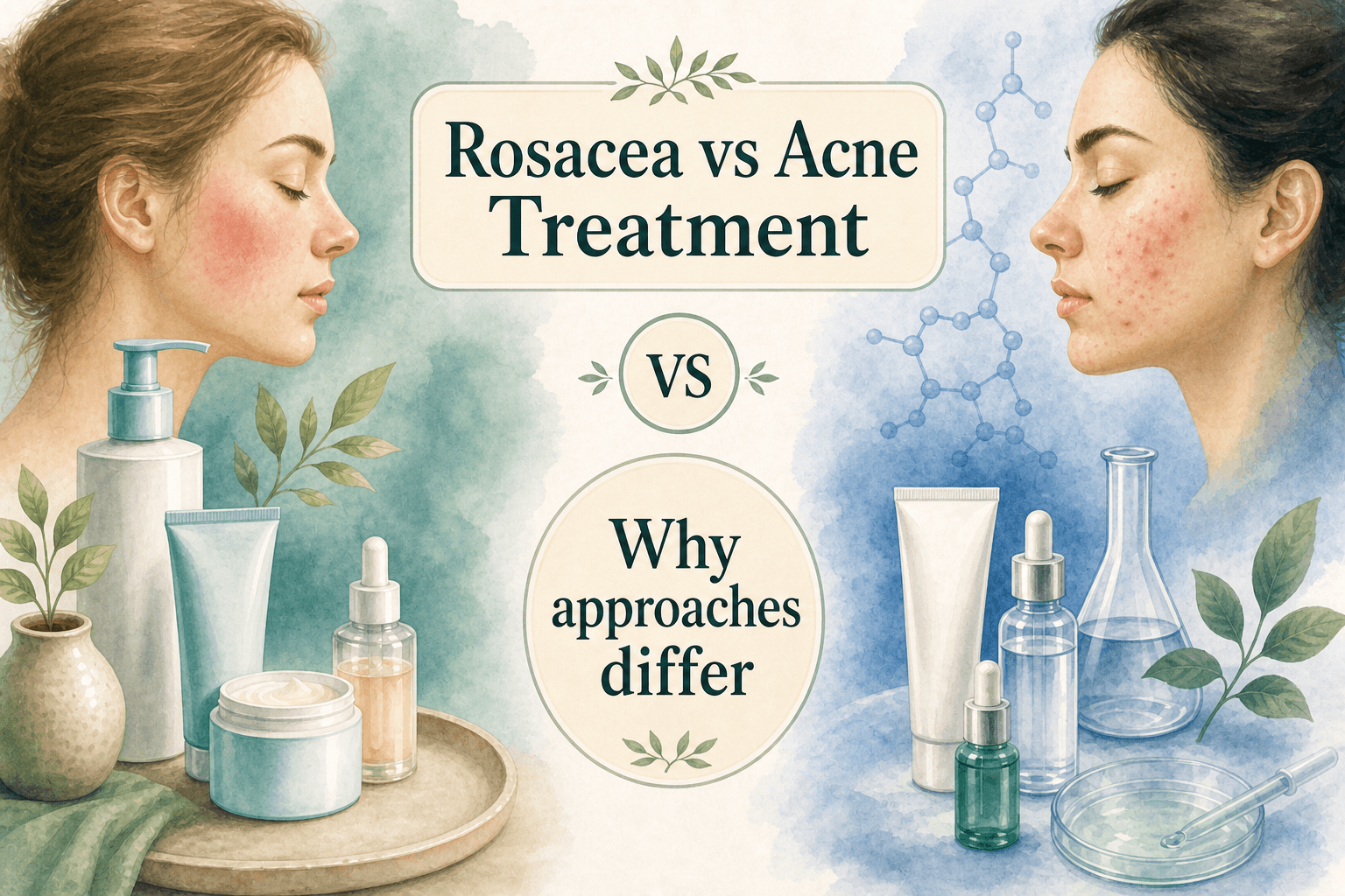 Editorial comparison of gentle rosacea-focused skincare care versus acne-oriented treatment approaches on a calm cream background
