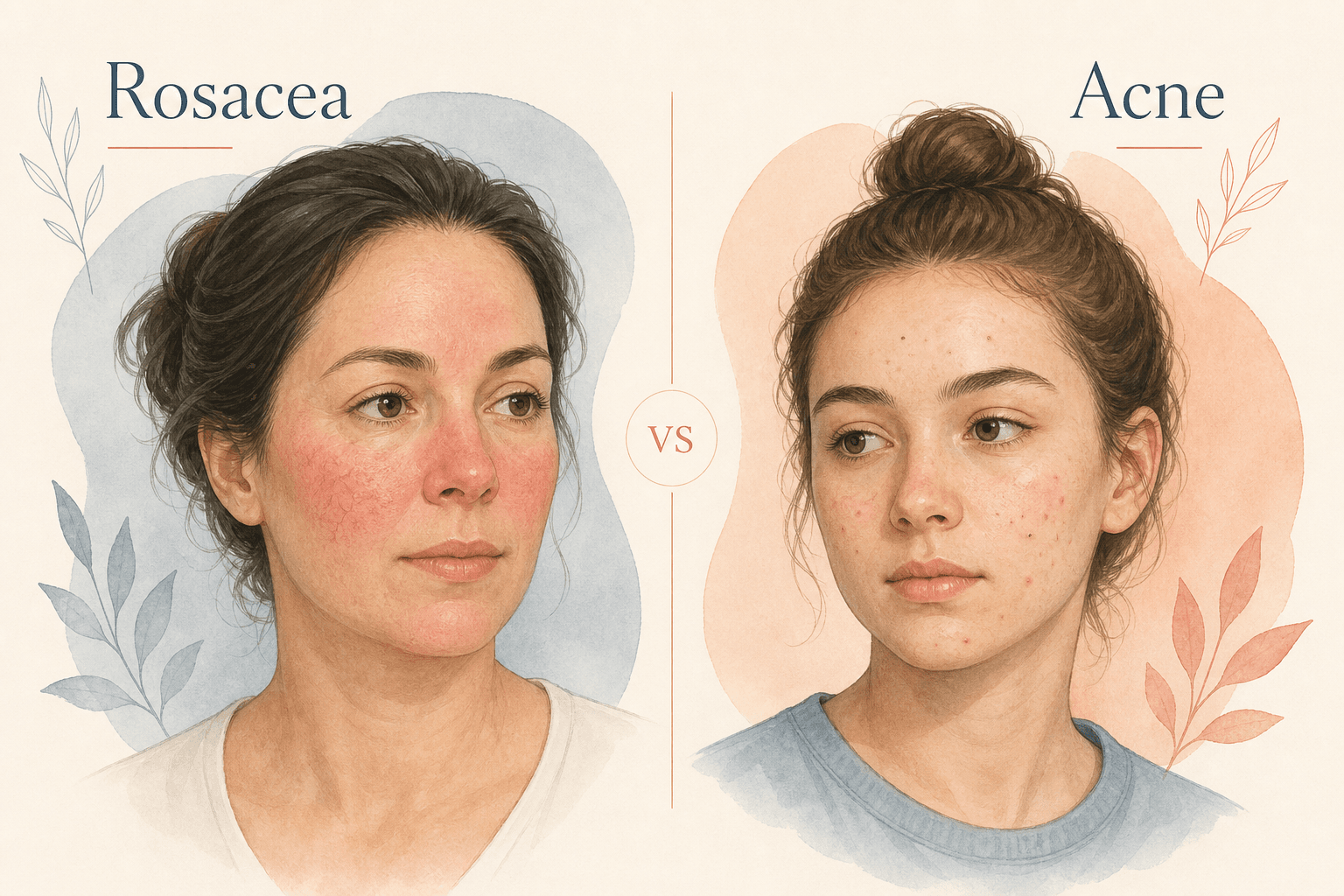 Side-by-side editorial comparison of rosacea with central facial flushing and visible vessels versus acne with comedones and inflamed bumps